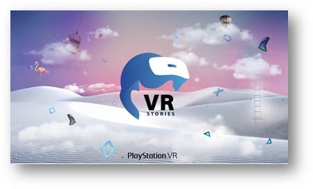 Nuvole e visore in realtà virtuale blu e bianco, scritta playstation in basso al centro